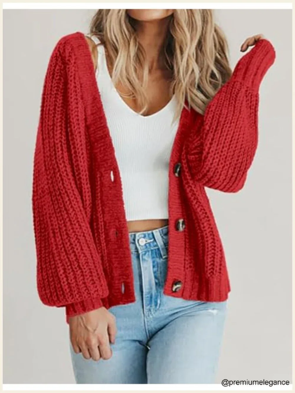 Chunky Knit Cardigan Open Front Long Sleeve V Neck Button Loose S